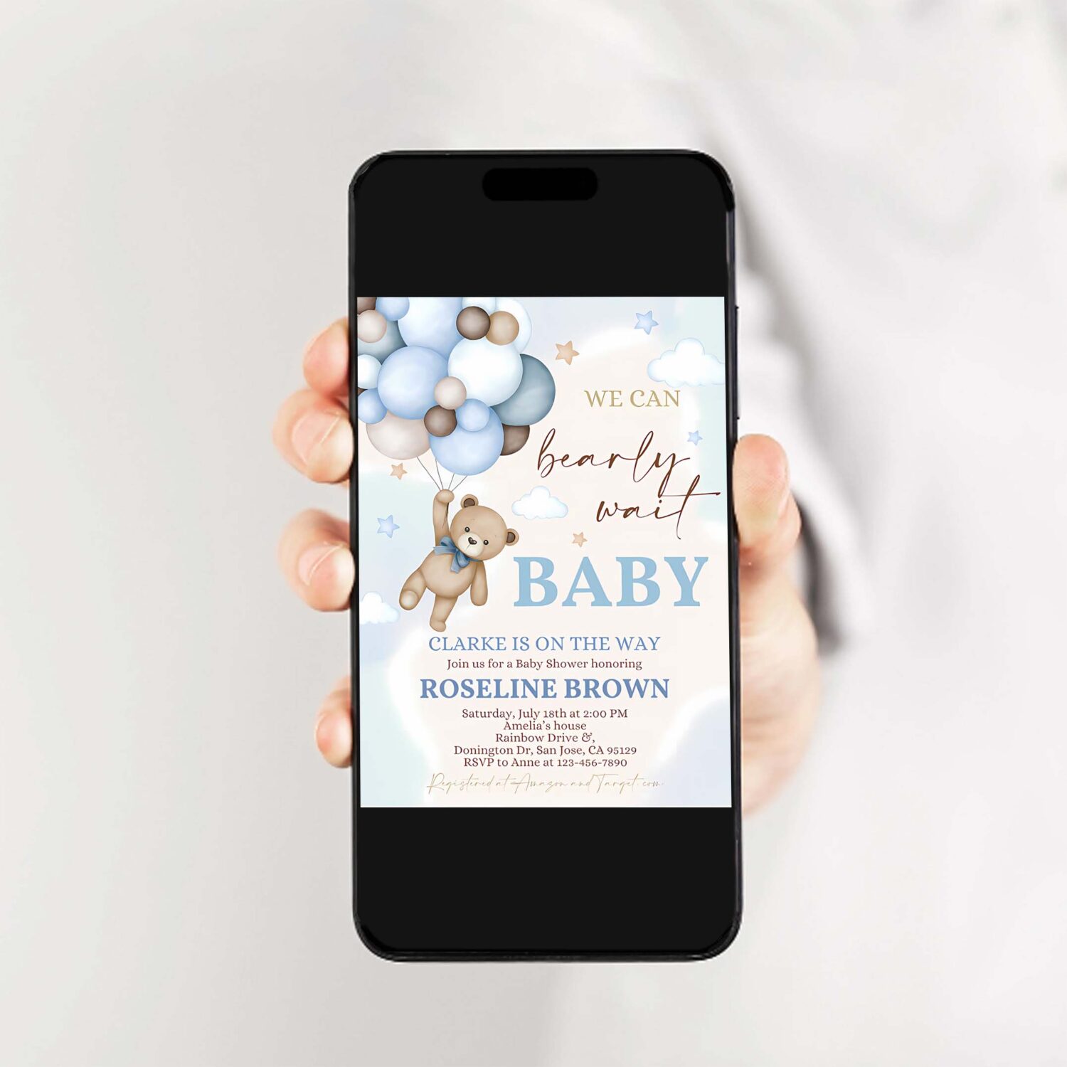Editable blue pampas grass teddy bear baby shower invitation we can bearly wait blue balloons boho boy baby shower invites template 2