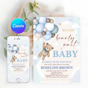 Teddy Bear Invitation, Blue Pampas Grass Teddy Bear Baby Shower Invitation, We Can Bearly Invitation