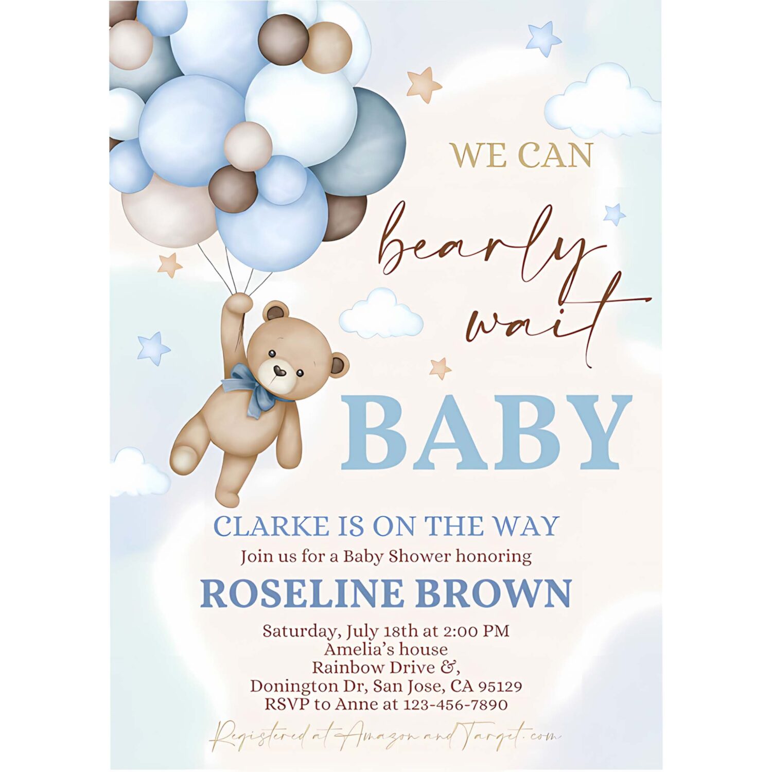 Editable blue pampas grass teddy bear baby shower invitation we can bearly wait blue balloons boho boy baby shower invites template 4