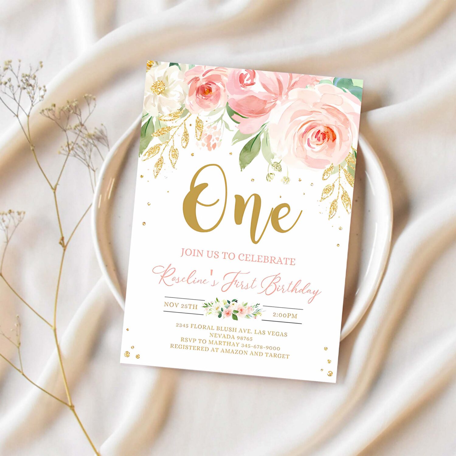 Editable blush pink floral babys first birthday party invitation printable 1st birthday invite template boho girl party 1