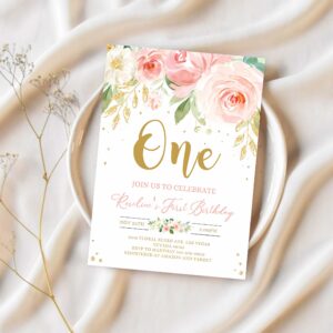 Editable blush pink floral babys first birthday party invitation printable 1st birthday invite template boho girl party 1