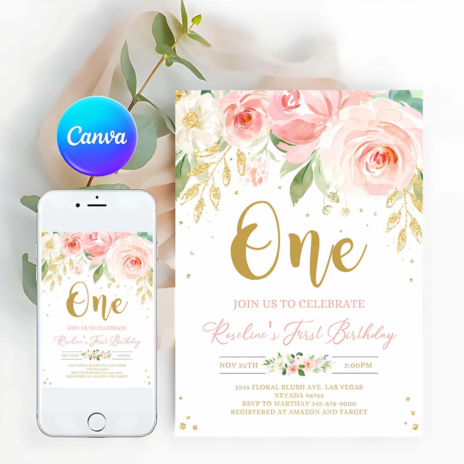 Editable blush pink floral babys first birthday party invitation printable 1st birthday invite template boho girl party
