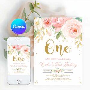 Floral Invitation, Blush Pink Floral Baby's First Birthday, Birthday Party Invitation, 1st Birthday, Birthday Invitation, Invitation