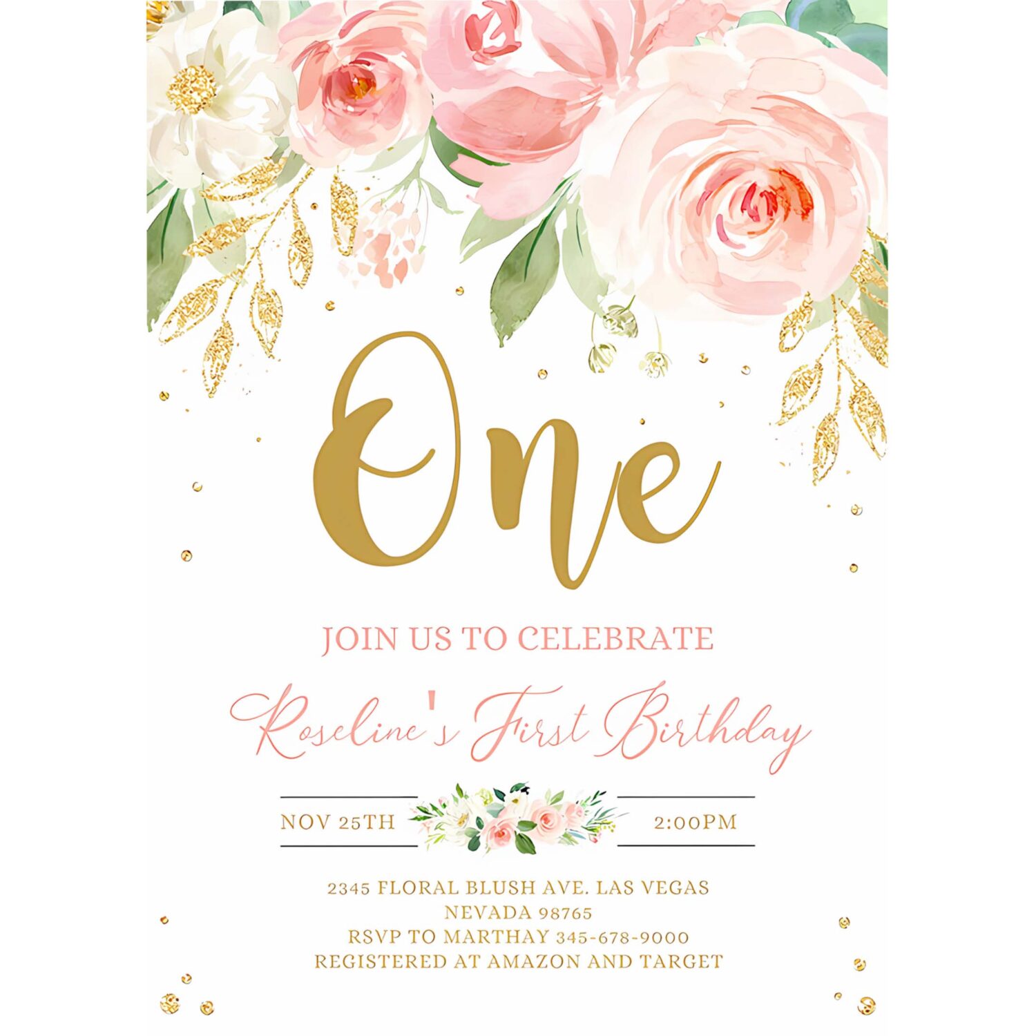 Editable blush pink floral babys first birthday party invitation printable 1st birthday invite template boho girl party 4
