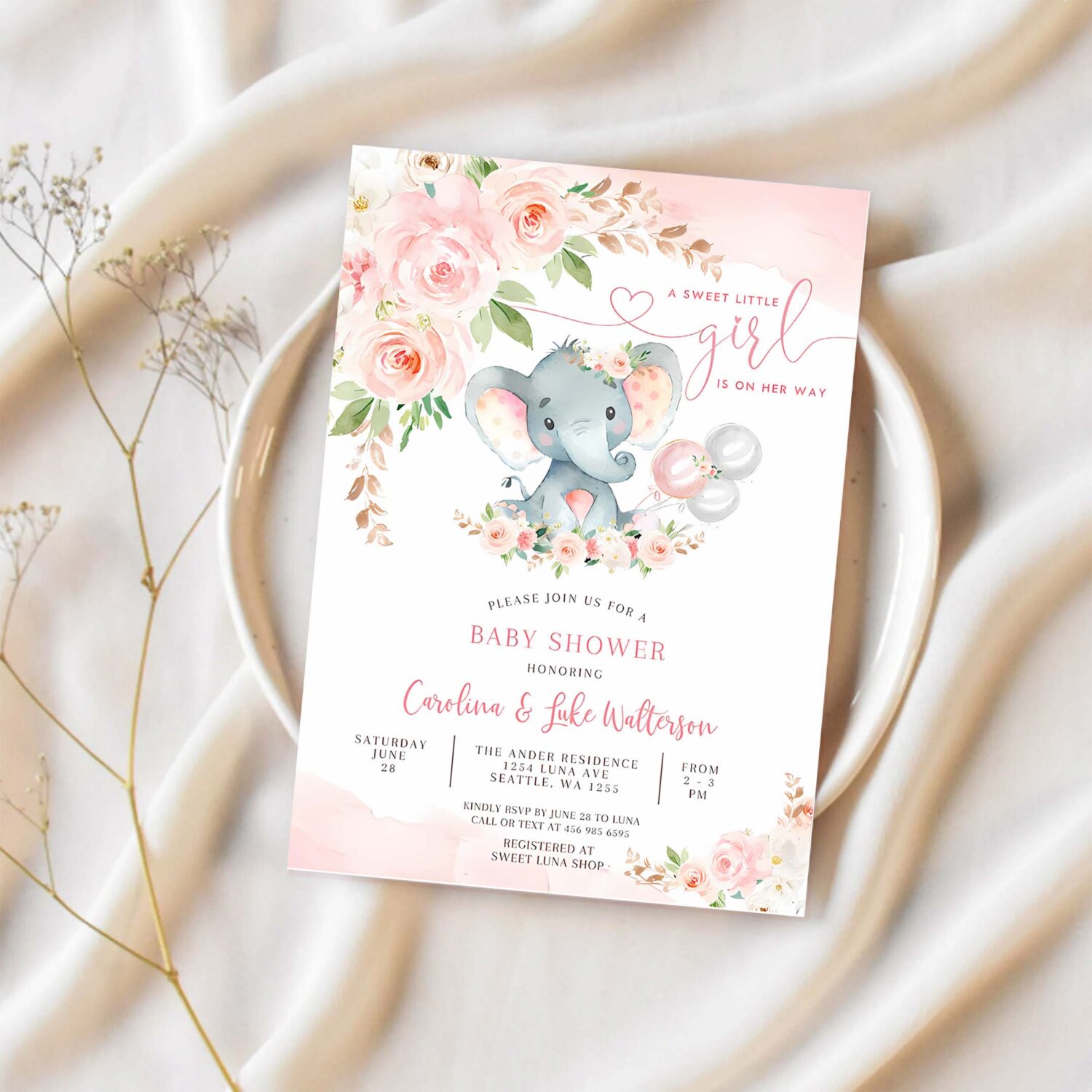 Editable blush pink rose gold elephant baby shower invitation girl baby elephant invite printable template 1