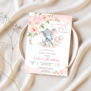 Editable blush pink rose gold elephant baby shower invitation girl baby elephant invite printable template 1