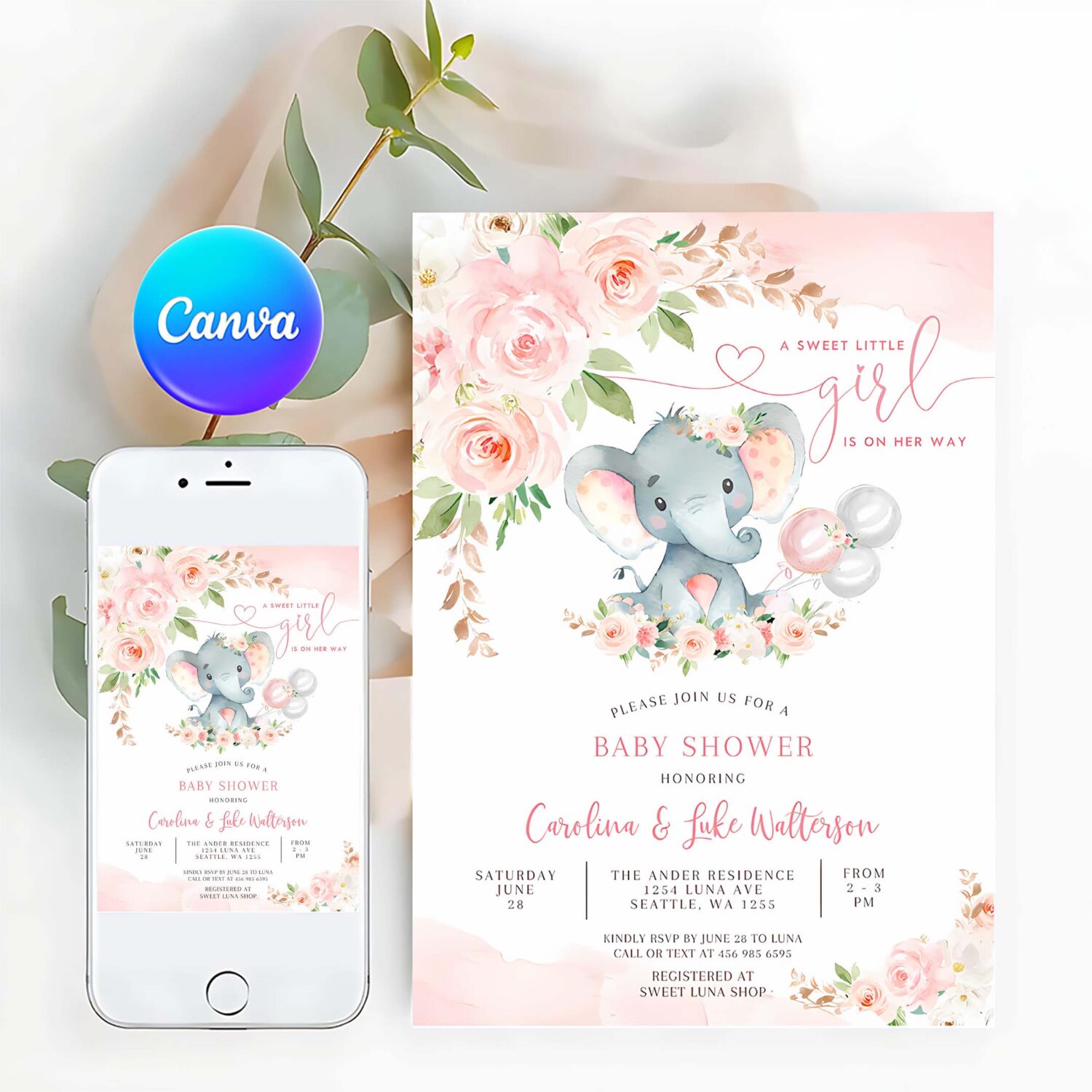 Editable blush pink rose gold elephant baby shower invitation girl baby elephant invite printable template
