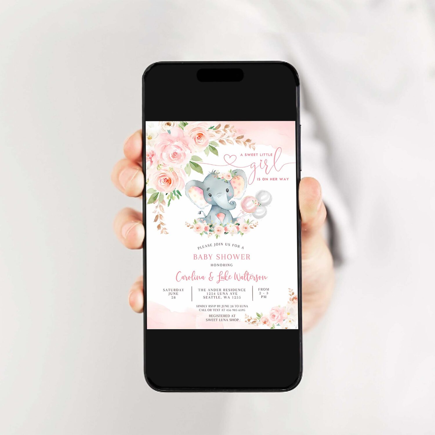 Editable blush pink rose gold elephant baby shower invitation girl baby elephant invite printable template 2