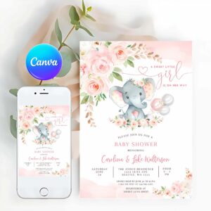 Baby Shower Invitation, Blush Pink Rose Gold Elephant Baby Shower Invitation