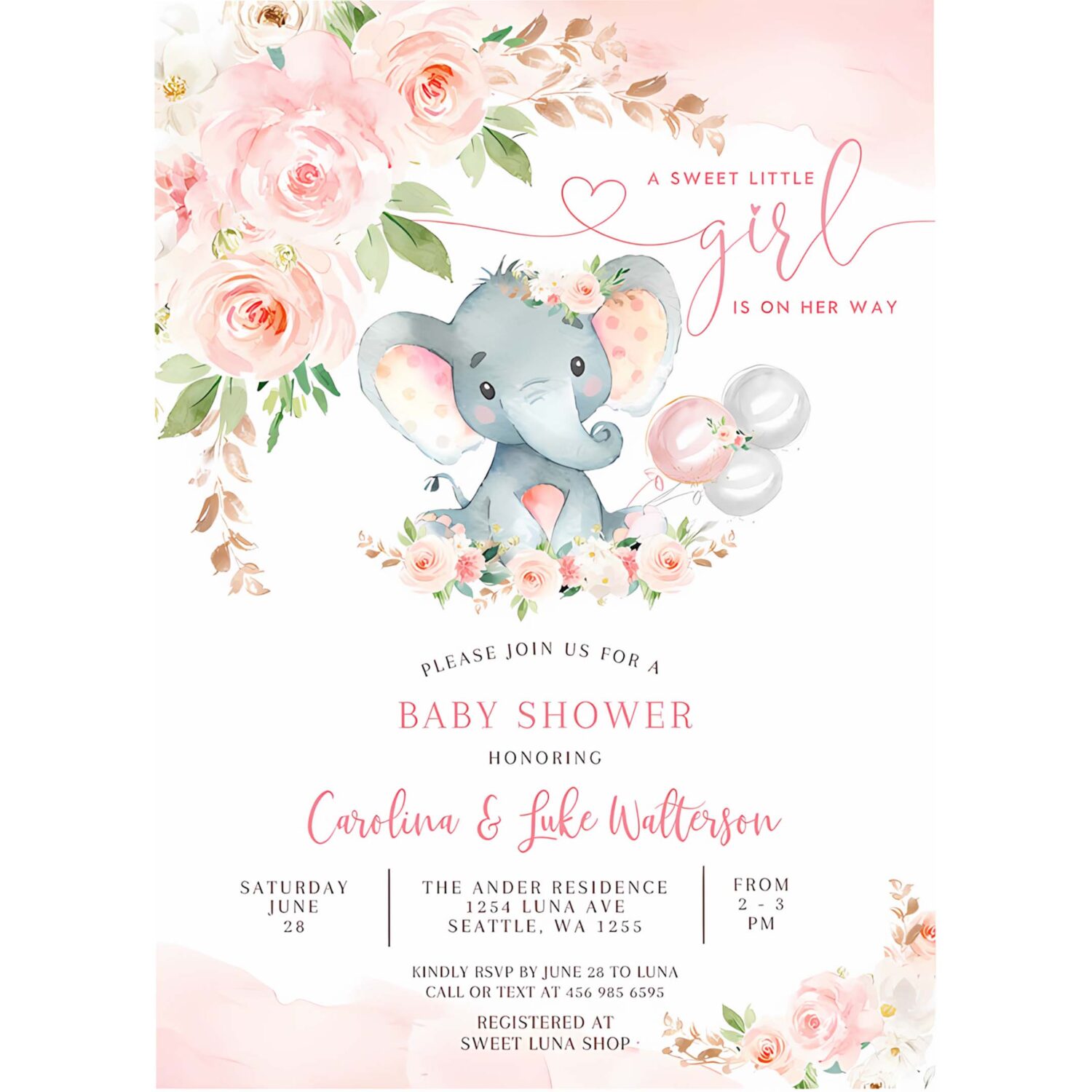 Editable blush pink rose gold elephant baby shower invitation girl baby elephant invite printable template 4