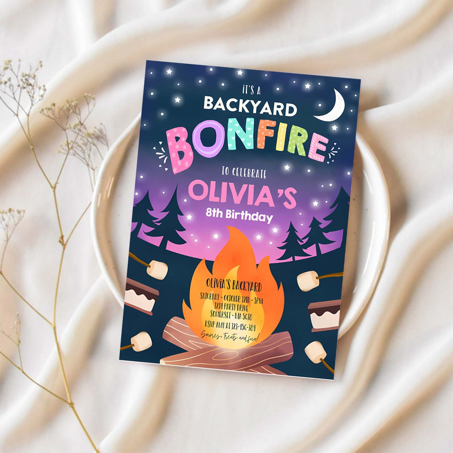 Editable bonfire birthday invitation smores bonfire birthday invite backyard camping smores fun together bonfire party 1