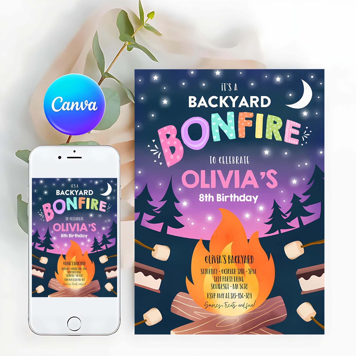 Editable bonfire birthday invitation smores bonfire birthday invite backyard camping smores fun together bonfire party