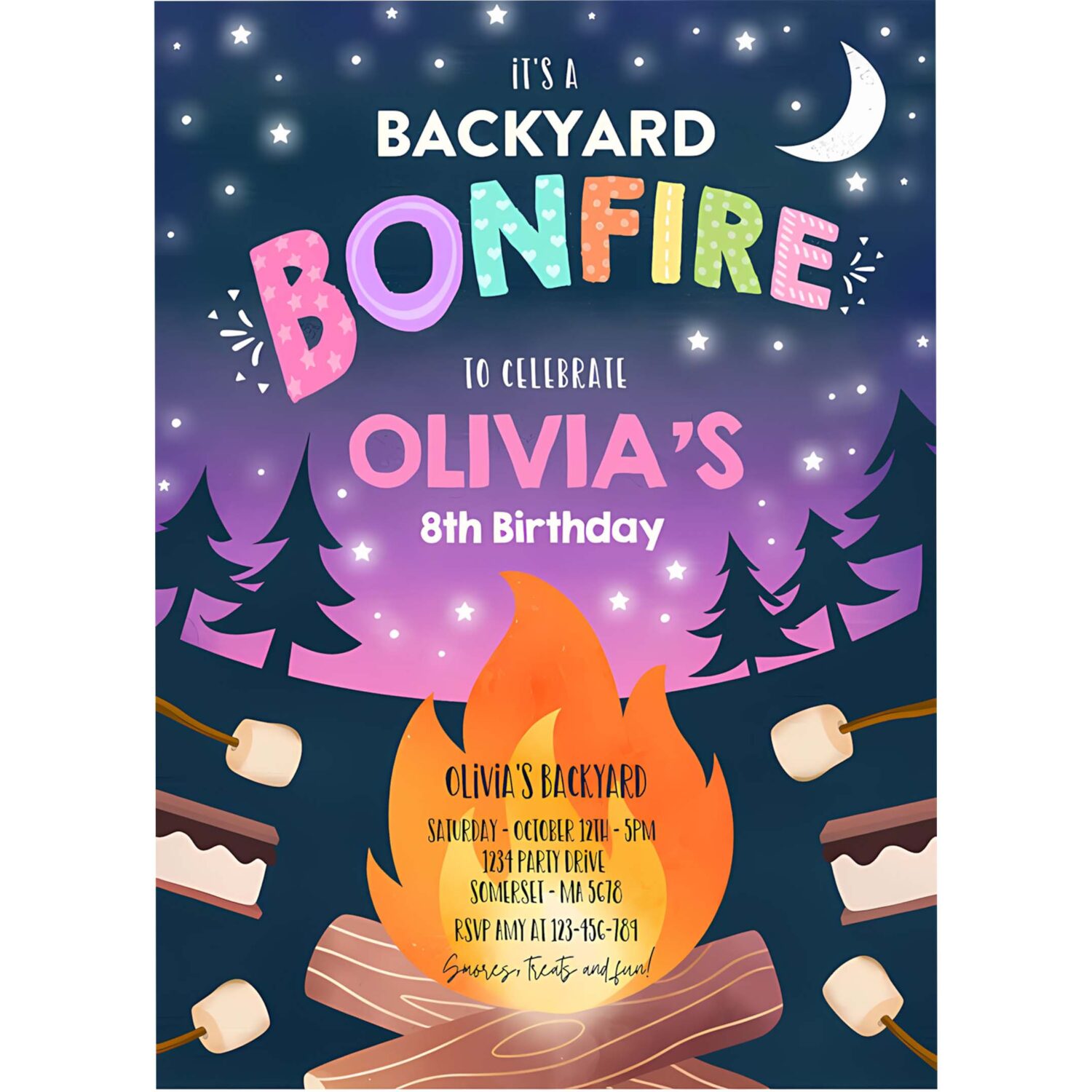 Editable bonfire birthday invitation smores bonfire birthday invite backyard camping smores fun together bonfire party 4