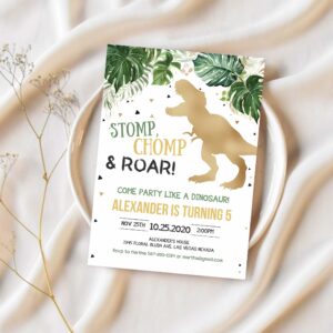 Editable dinosaur birthday invitation gold dinosaur invites dino t rex birthday invitations digital printable template 1