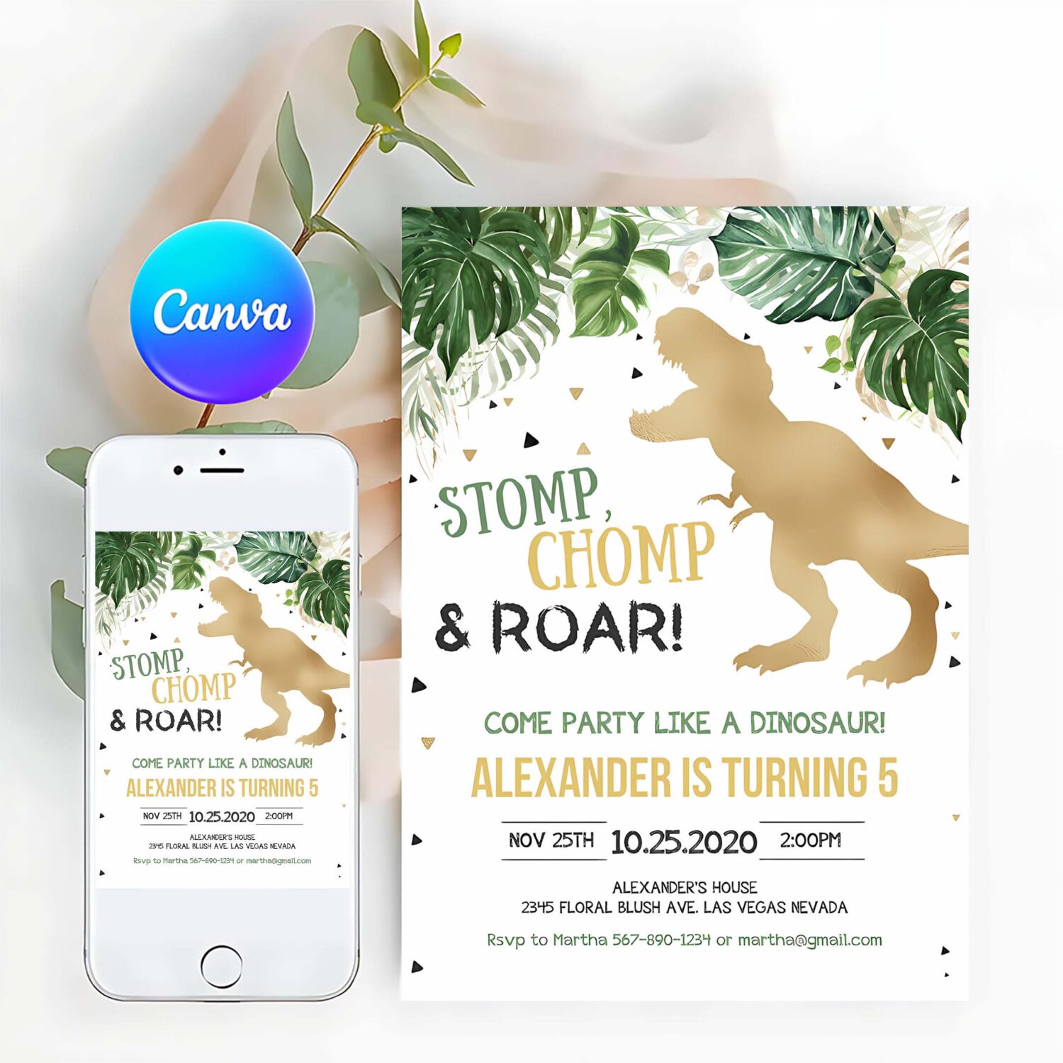 Editable dinosaur birthday invitation gold dinosaur invites dino t rex birthday invitations digital printable template