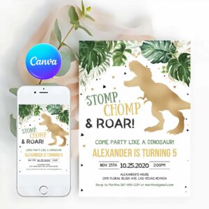 Dinosaur Invitation, Dinosaur Birthday Invitation, Gold Dinosaur Invitations, Dino T-Rex Birthday Invitation