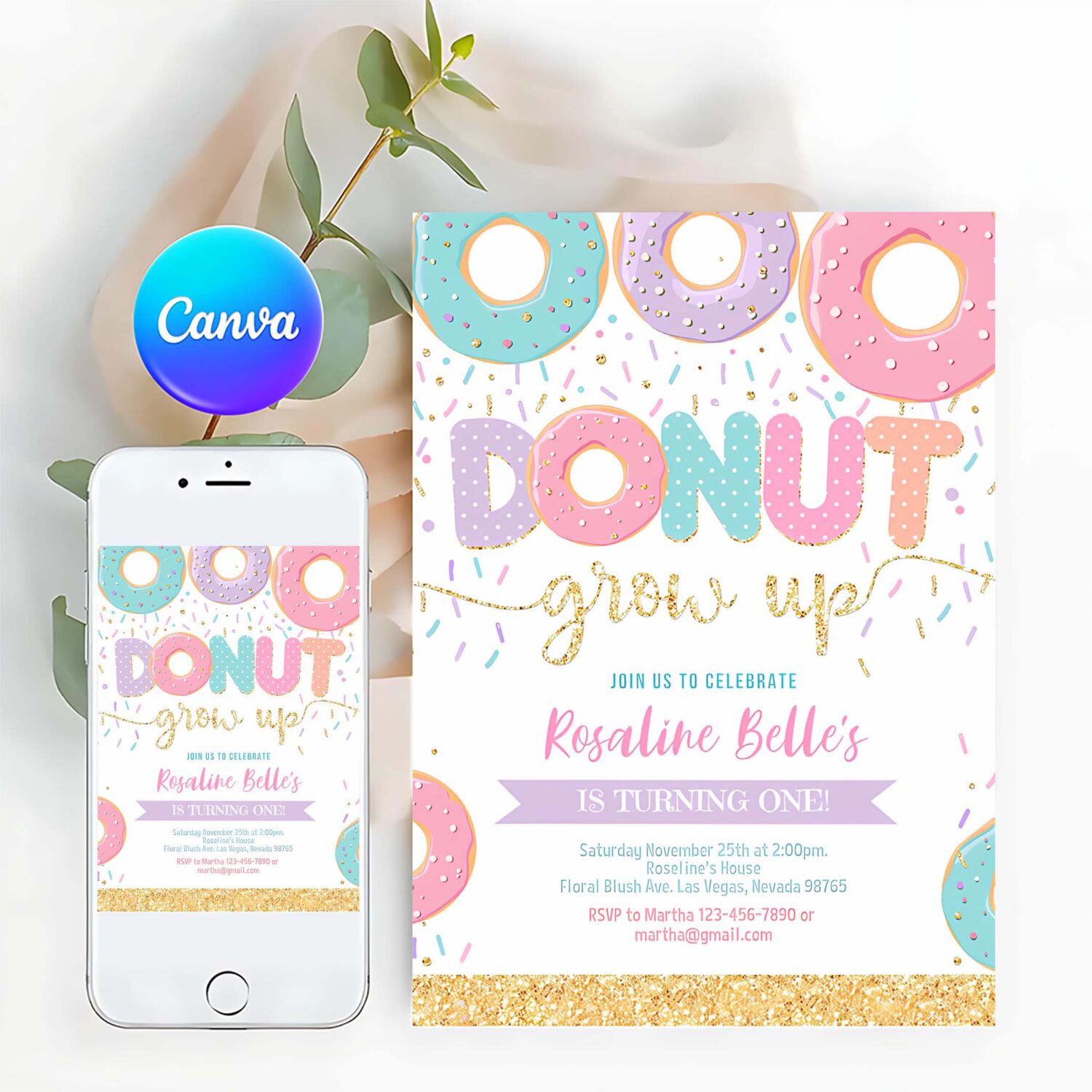Editable donut grow up birthday invitation donut grown up invite donut 1st birthday party invitations doughnut girl invite