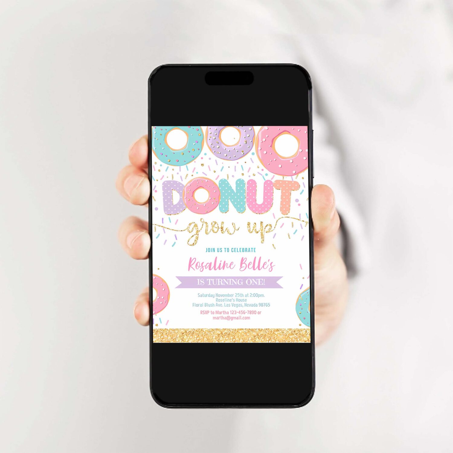 Editable donut grow up birthday invitation donut grown up invite donut 1st birthday party invitations doughnut girl invite 2