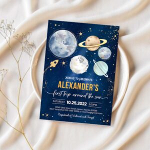 Editable first trip around the sun outer space first birthday invitation galaxy blast off printable templates 1