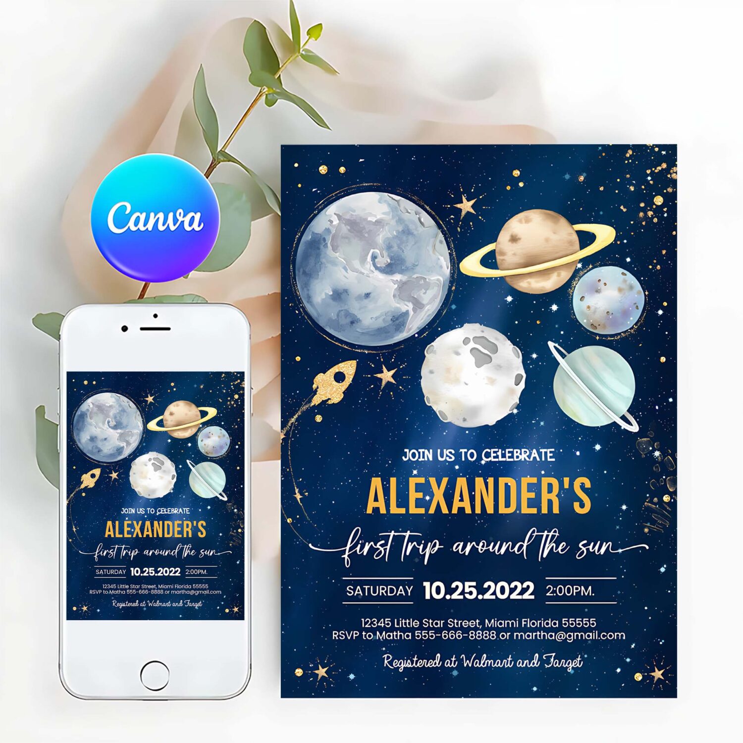 Editable first trip around the sun outer space first birthday invitation galaxy blast off printable templates