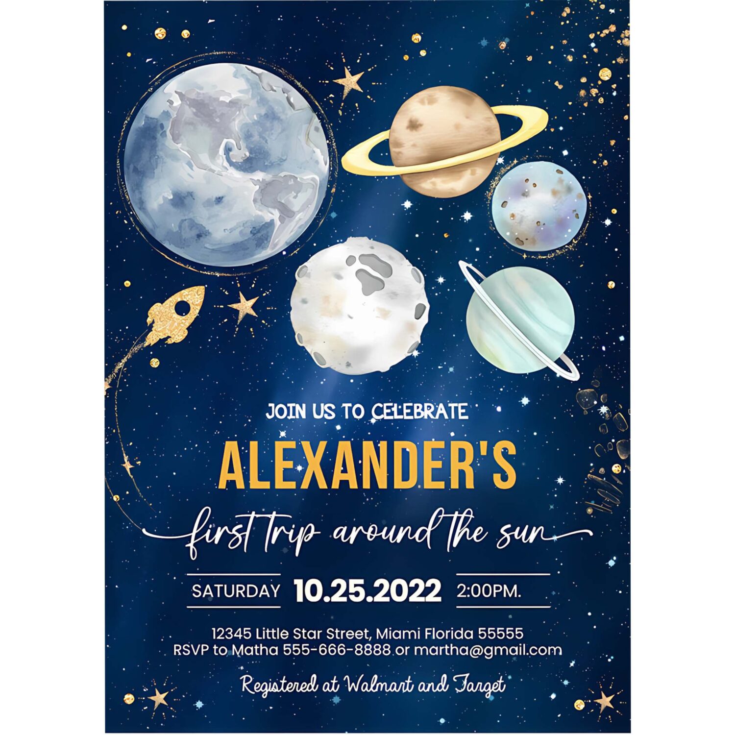 Editable first trip around the sun outer space first birthday invitation galaxy blast off printable templates 4