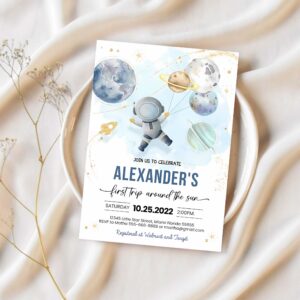 Editable first trip around the sun outer space first birthday party invitation galaxy blast off printable templates 1