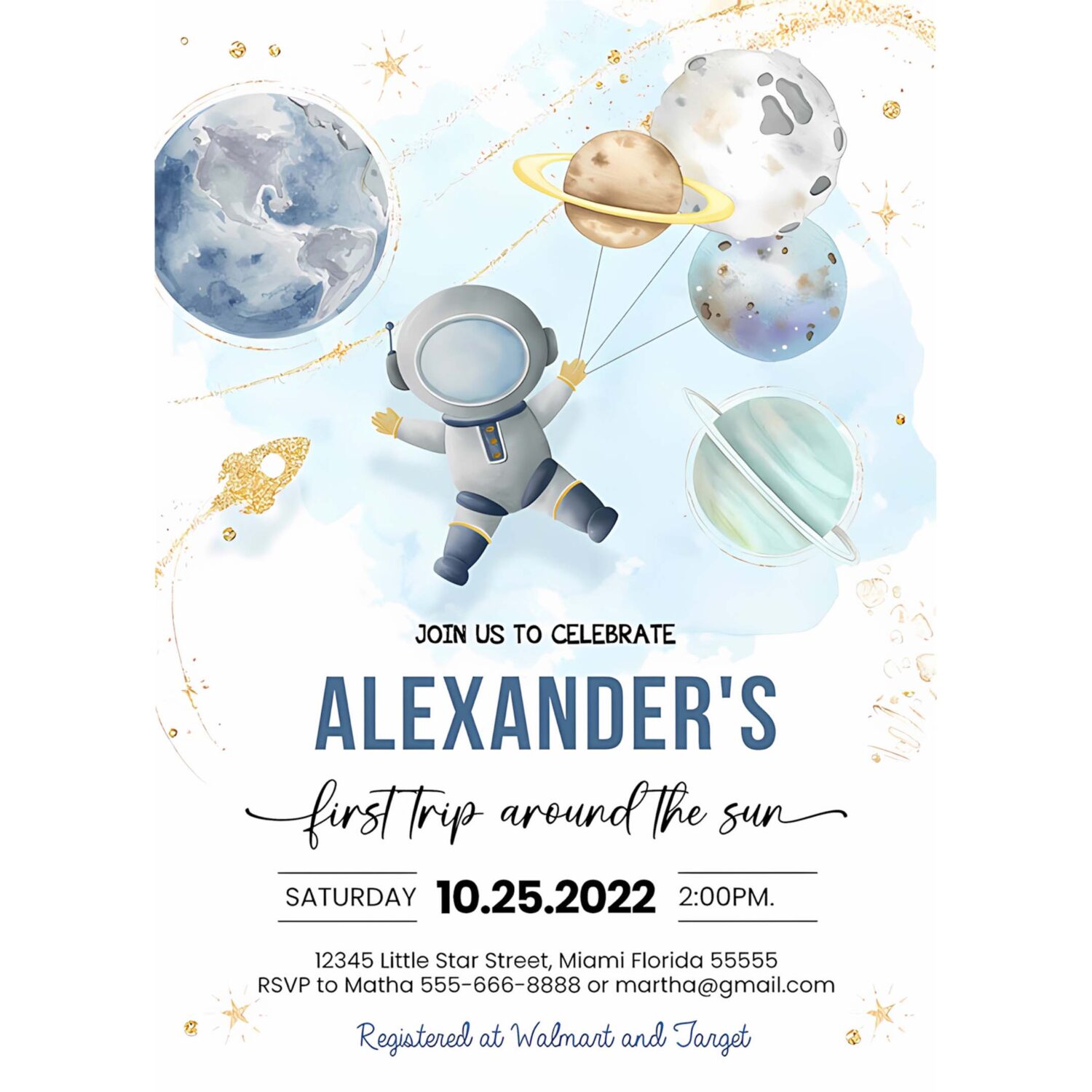 Editable first trip around the sun outer space first birthday party invitation galaxy blast off printable templates 4