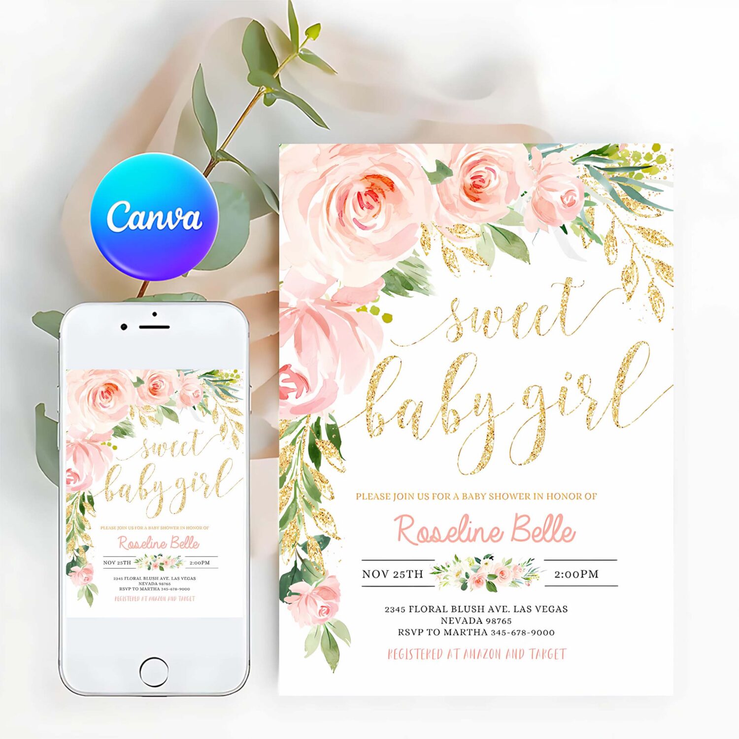 Editable floral invitation blush pink floral baby shower invitation printable baby shower invite template sweet baby girl