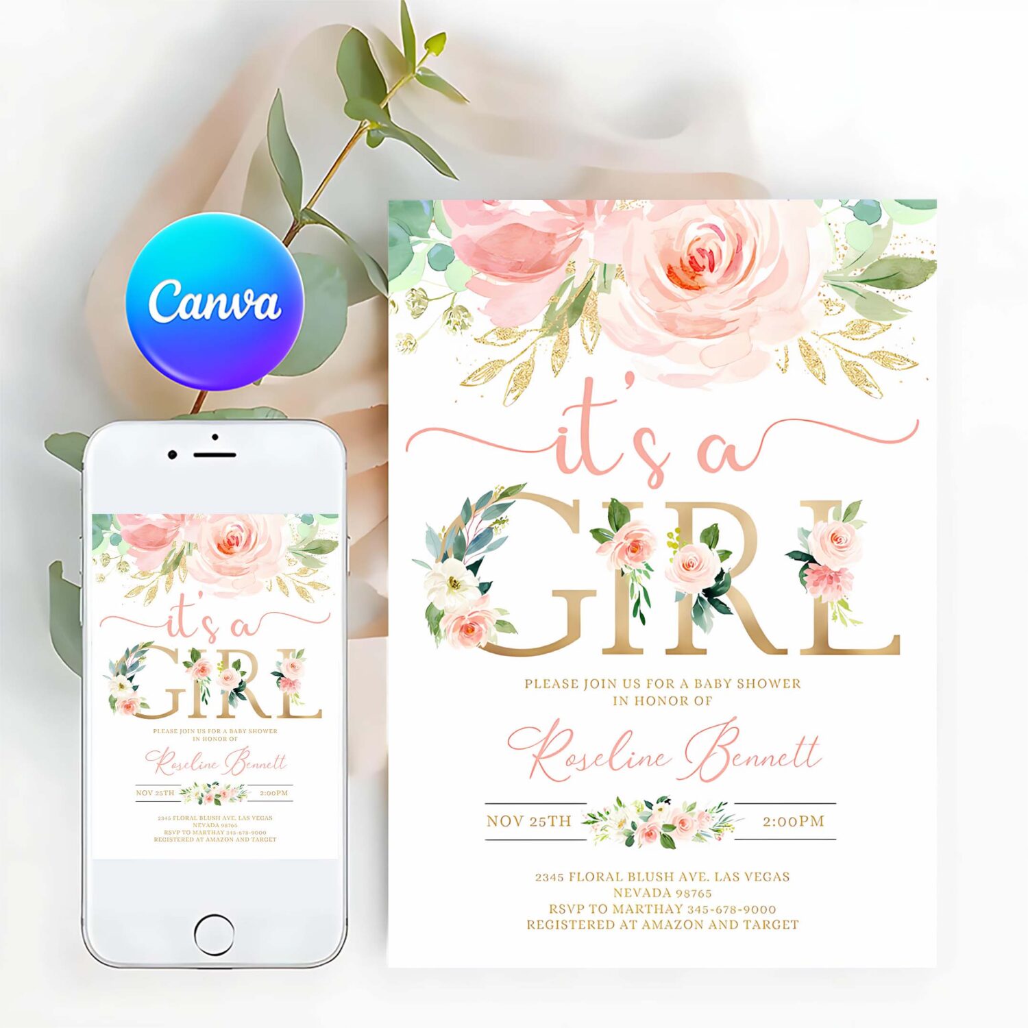 Editable invitation blush pink floral baby shower invitation its a girl printable baby shower invite template sweet girl