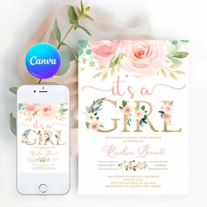 Floral Invitation, Blush Pink Floral Baby Shower Invitation It's a girl Baby Shower Invite, Sweet Girl Invitation