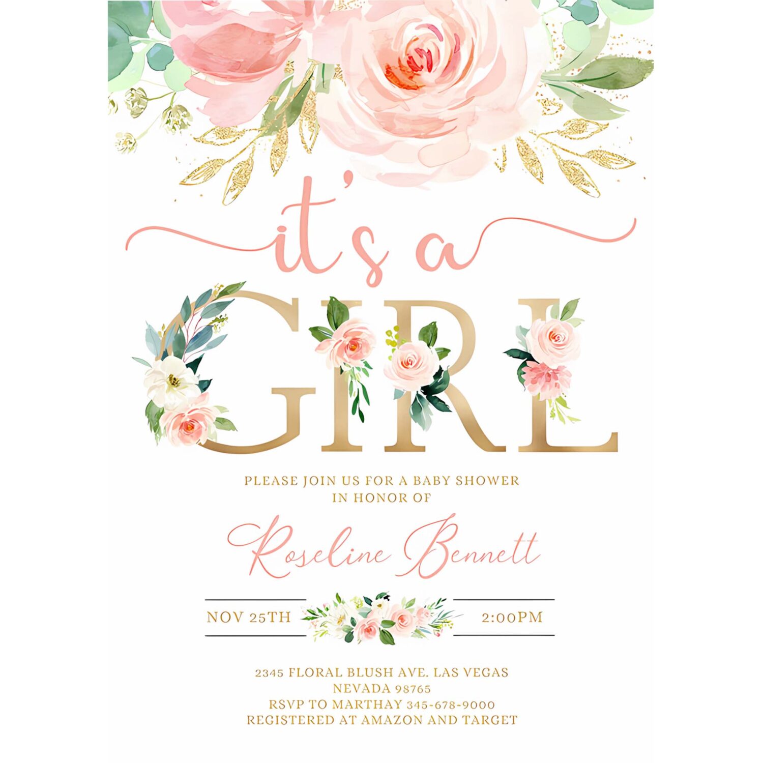 Editable invitation blush pink floral baby shower invitation its a girl printable baby shower invite template sweet girl 4