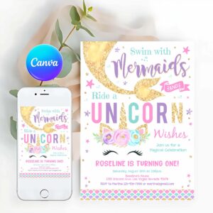 Mermaid Invitation, Kisses And Unicorn Wishes Birthday Invitation, Unicorn Mermaid Invitation, Unicorn Party Invitation