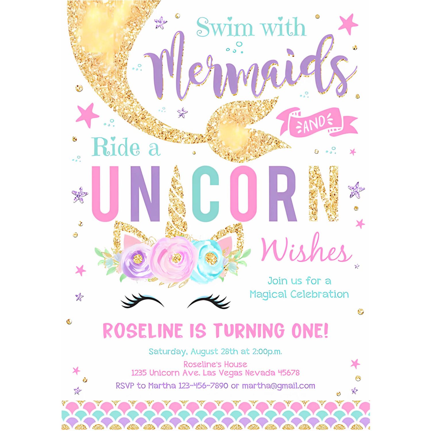 Editable kisses and unicorn wishes birthday invitation unicorn mermaid invite unicorn party 4