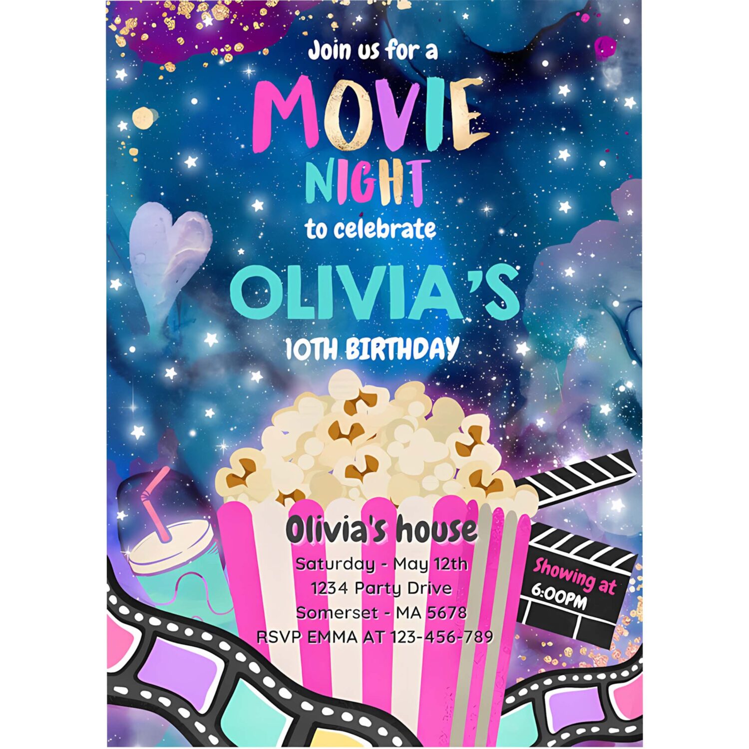 Editable movie night birthday invitation movie birthday party invitation movie sleepover party popcorn movie partyjoin us for a 4