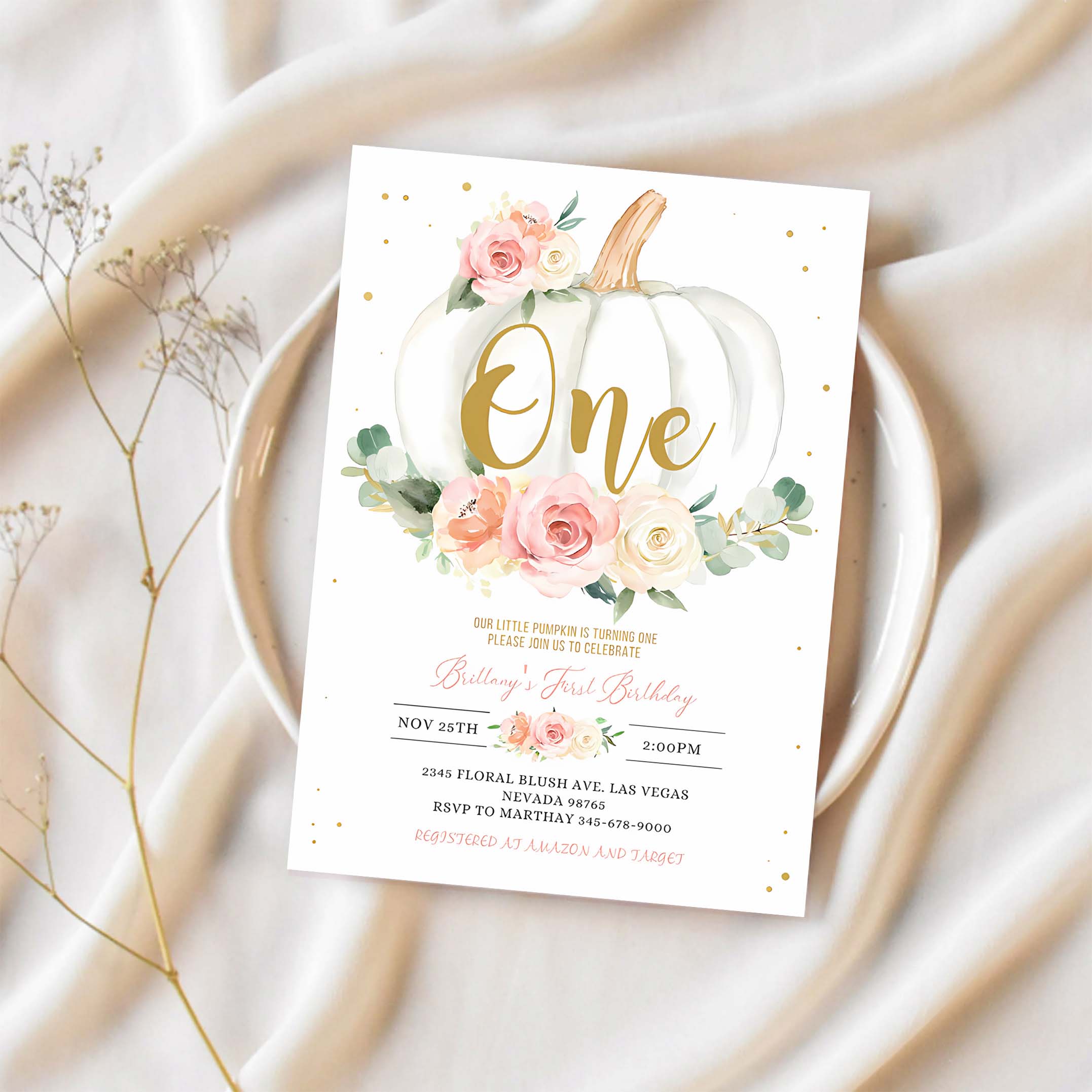 EDITABLE Pumpkin 1st Birthday Invitation Floral Pink and gold Girl Pumpkin First birthday Invite Fall Autumn