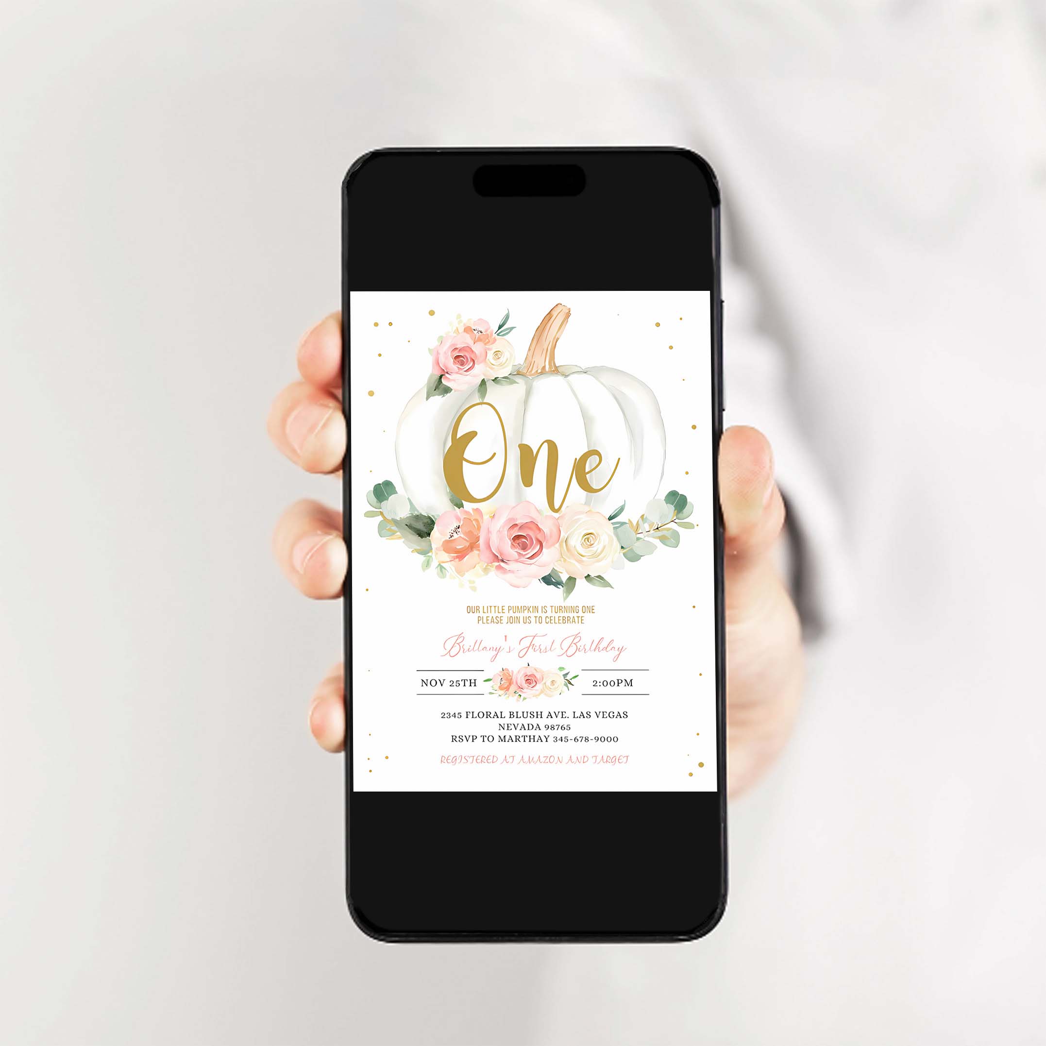 EDITABLE Pumpkin 1st Birthday Invitation Floral Pink and gold Girl Pumpkin First birthday Invite Fall Autumn