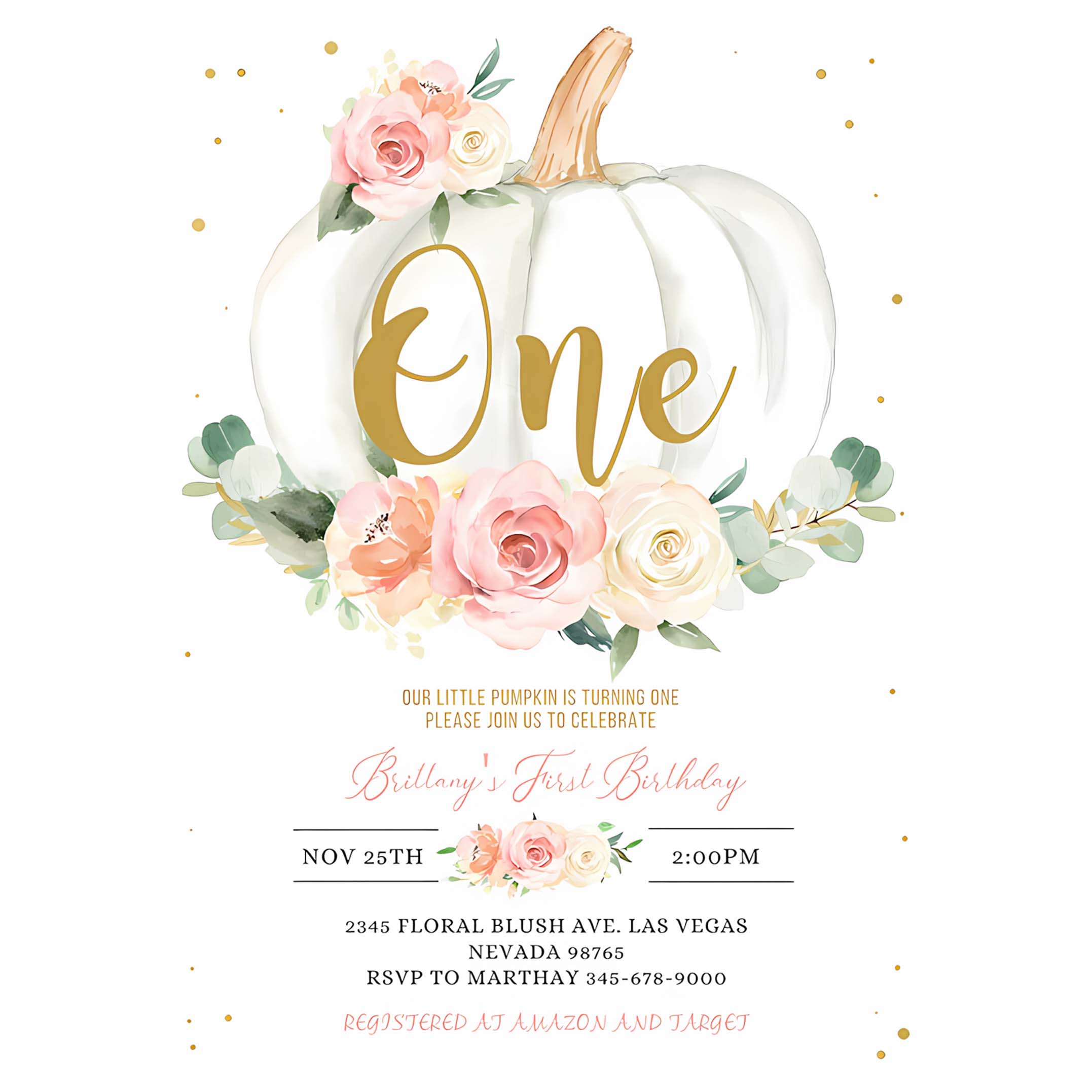 EDITABLE Pumpkin 1st Birthday Invitation Floral Pink and gold Girl Pumpkin First birthday Invite Fall Autumn