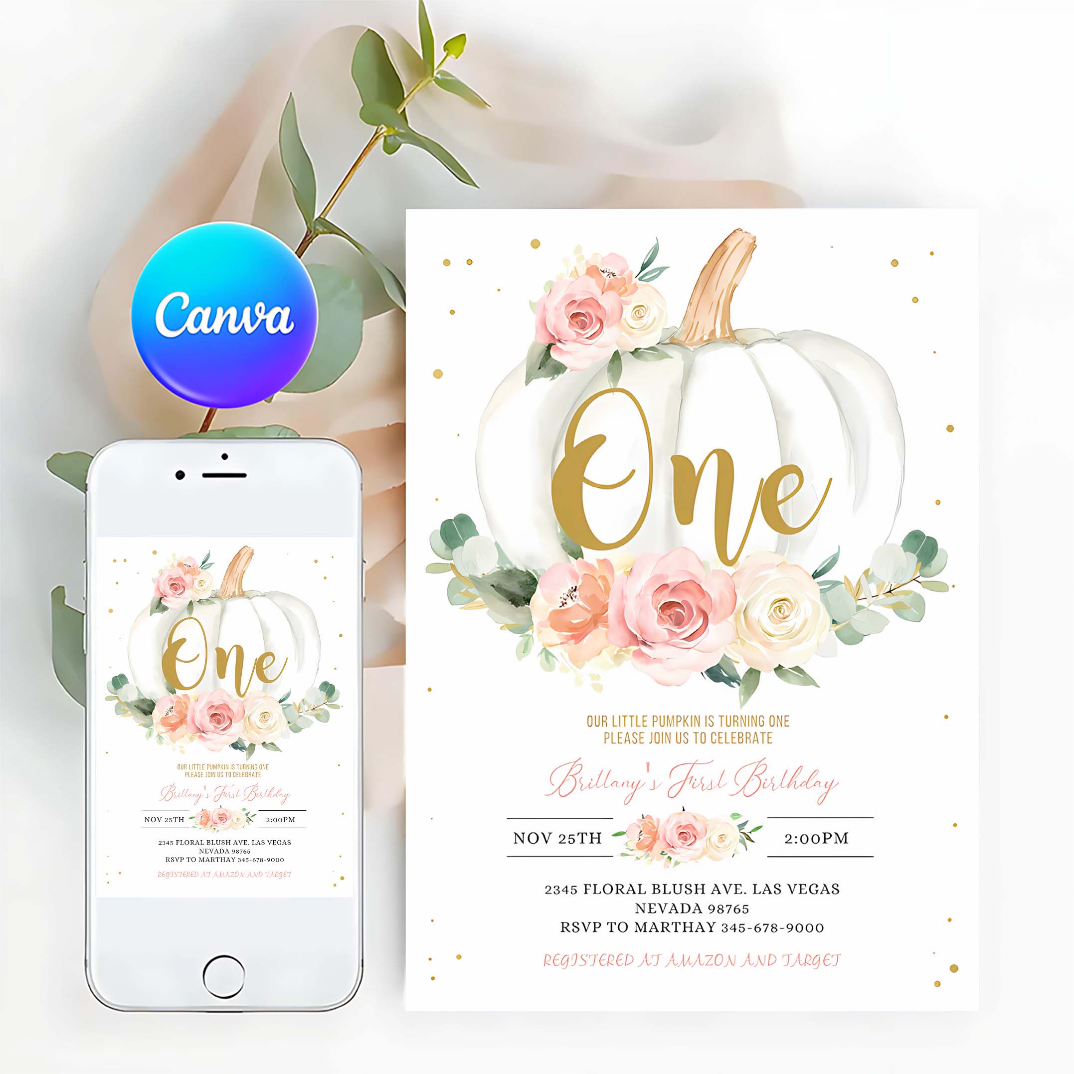 EDITABLE Pumpkin 1st Birthday Invitation Floral Pink and gold Girl Pumpkin First birthday Invite Fall Autumn