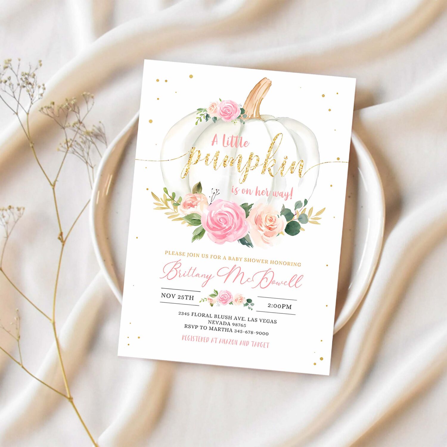 Editable pumpkin baby shower invitation floral pink and gold girl little pumpkin baby shower invites fall autumn 1
