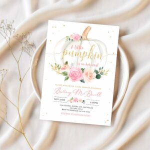 Editable pumpkin baby shower invitation floral pink and gold girl little pumpkin baby shower invites fall autumn 1
