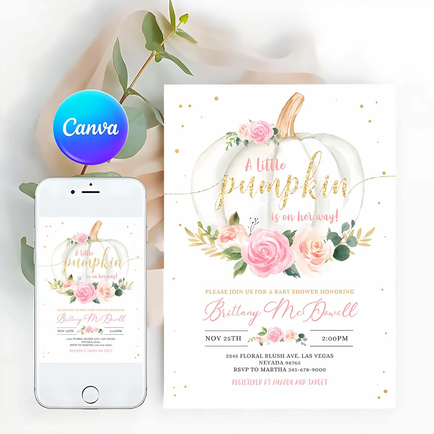 Editable pumpkin baby shower invitation floral pink and gold girl little pumpkin baby shower invites fall autumn