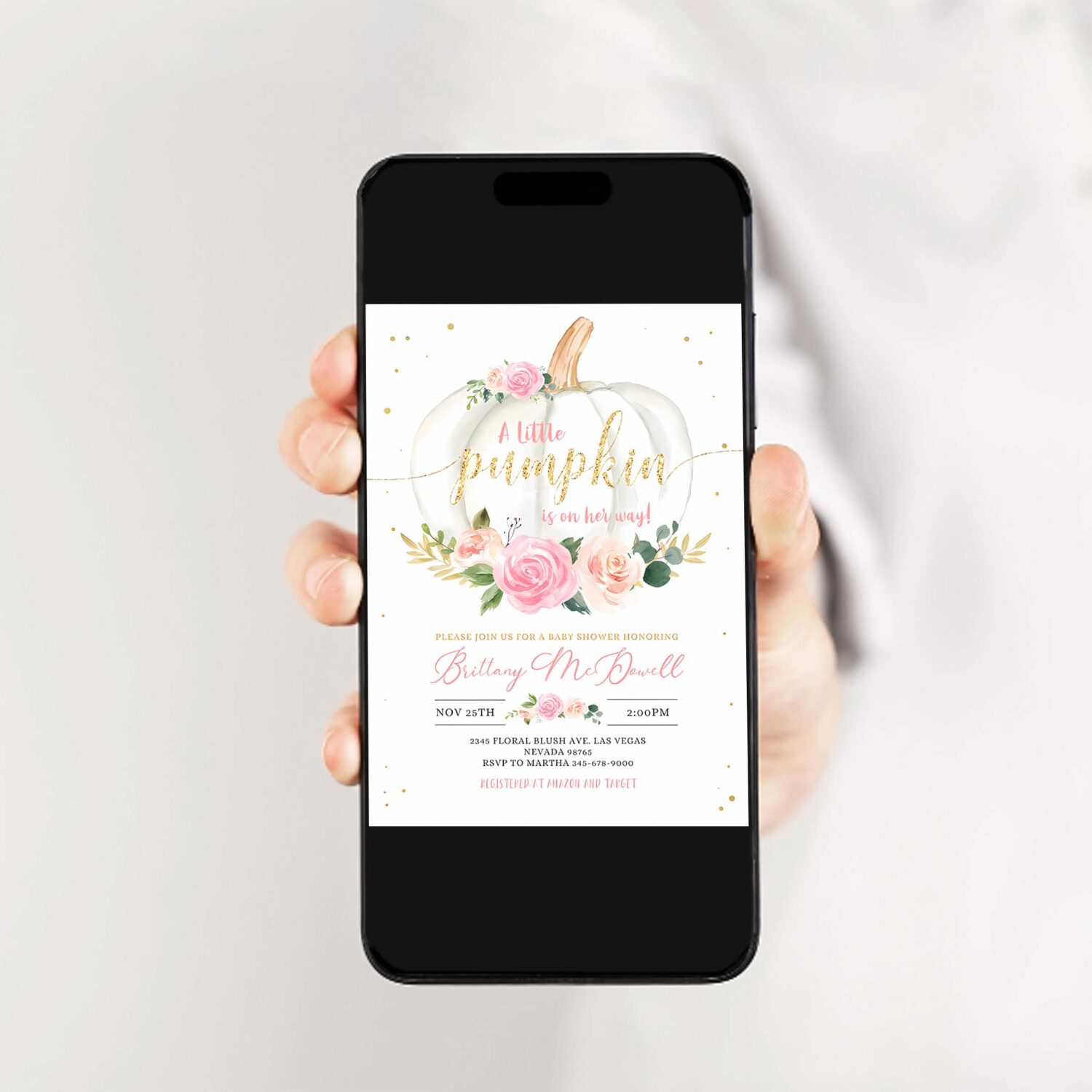 Editable pumpkin baby shower invitation floral pink and gold girl little pumpkin baby shower invites fall autumn 2
