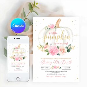Pumpkin Invitation, Pumpkin Baby Shower Invitation, Floral Pink and gold Girl little Pumpkin Invitation