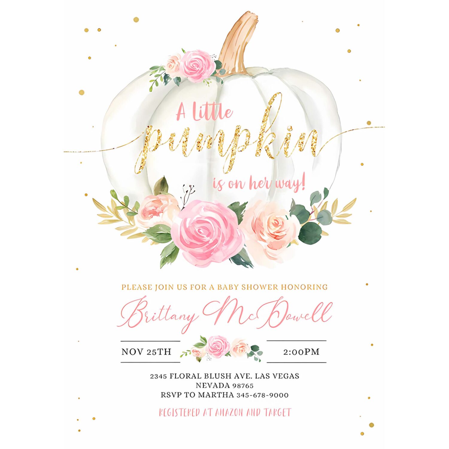 Editable pumpkin baby shower invitation floral pink and gold girl little pumpkin baby shower invites fall autumn 4