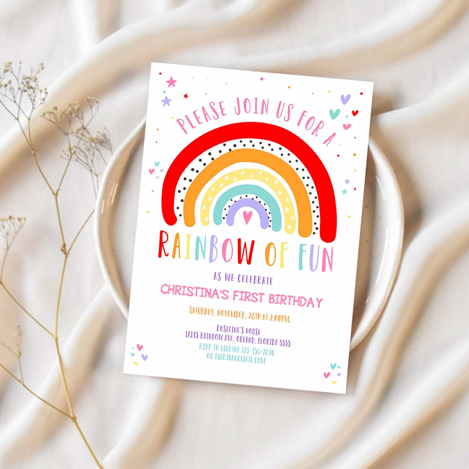Editable rainbow birthday invitation girls rainbow party gold rainbow clouds rainbow of fun printable 1