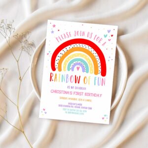 Editable rainbow birthday invitation girls rainbow party gold rainbow clouds rainbow of fun printable 1