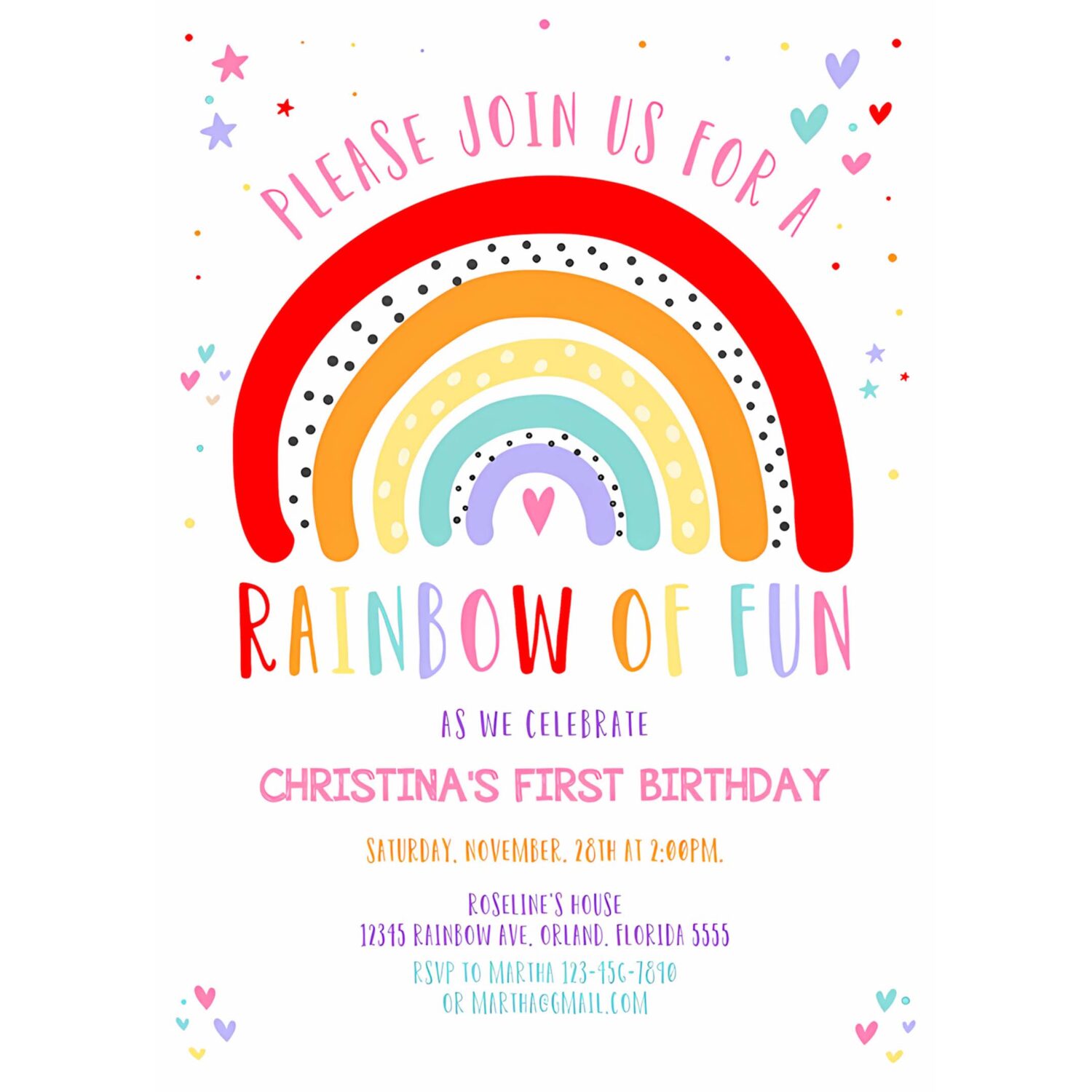 Editable rainbow birthday invitation girls rainbow party gold rainbow clouds rainbow of fun printable 4