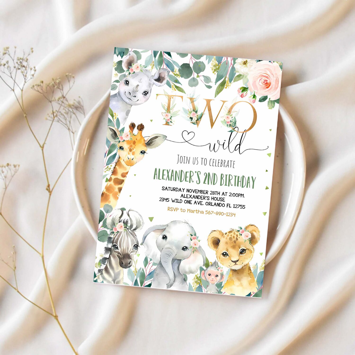 Editable safari birthday invitation girl two wild birthday invite 2nd gold jungle animals invitations printable template 1