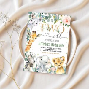 Editable safari birthday invitation girl two wild birthday invite 2nd gold jungle animals invitations printable template 1