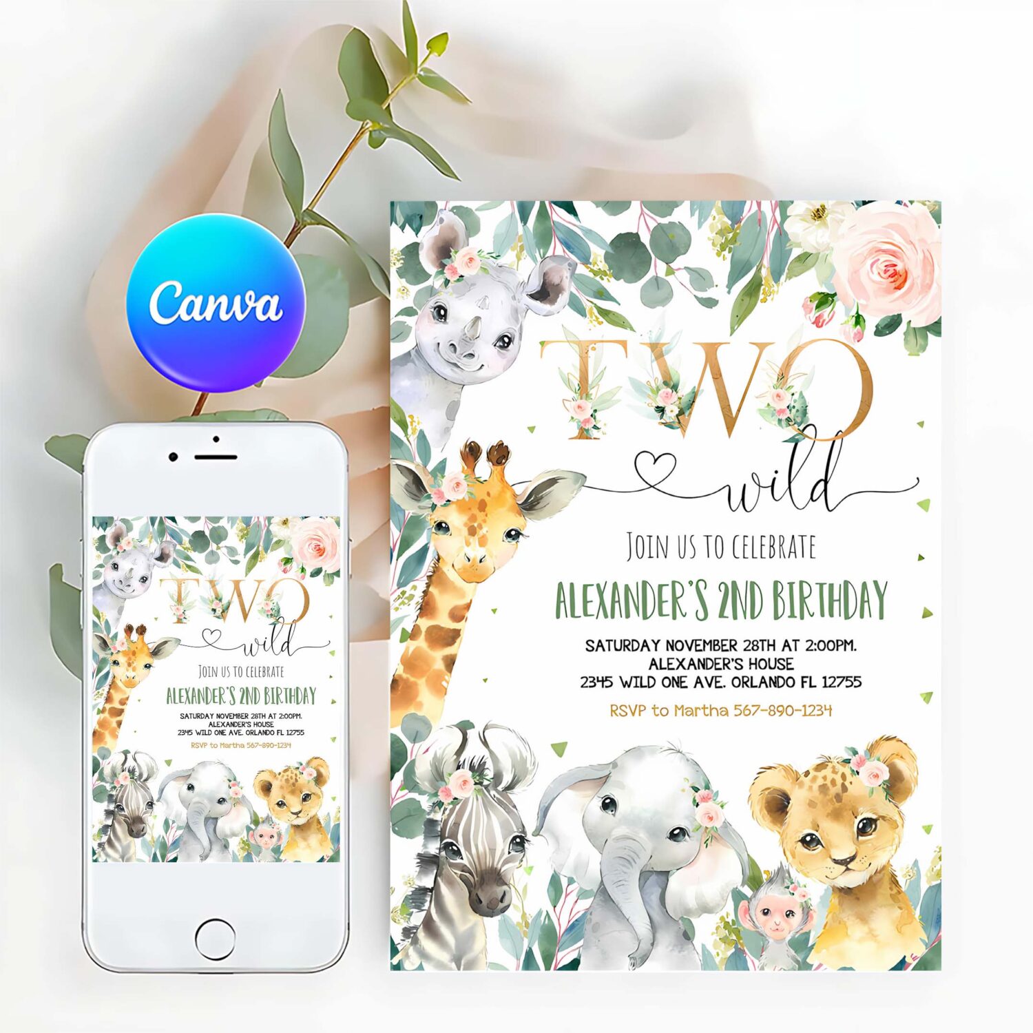 Editable safari birthday invitation girl two wild birthday invite 2nd gold jungle animals invitations printable template